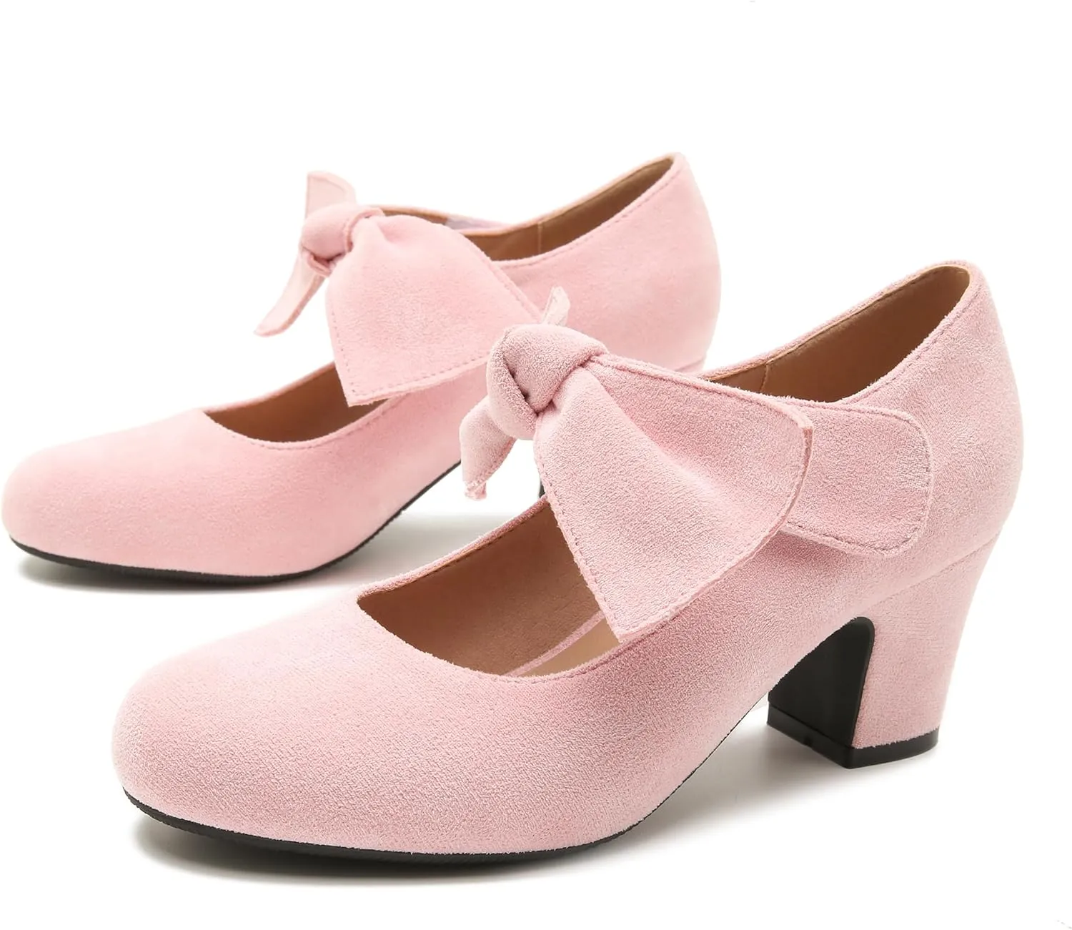 fereshte Womens Bow Heels Mary Jane Shoes Removable Bow Closed Toe Chunky Heel Dress Pumps