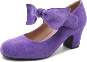 fereshte Womens Bow Heels Mary Jane Shoes Removable Bow Closed Toe Chunky Heel Dress Pumps