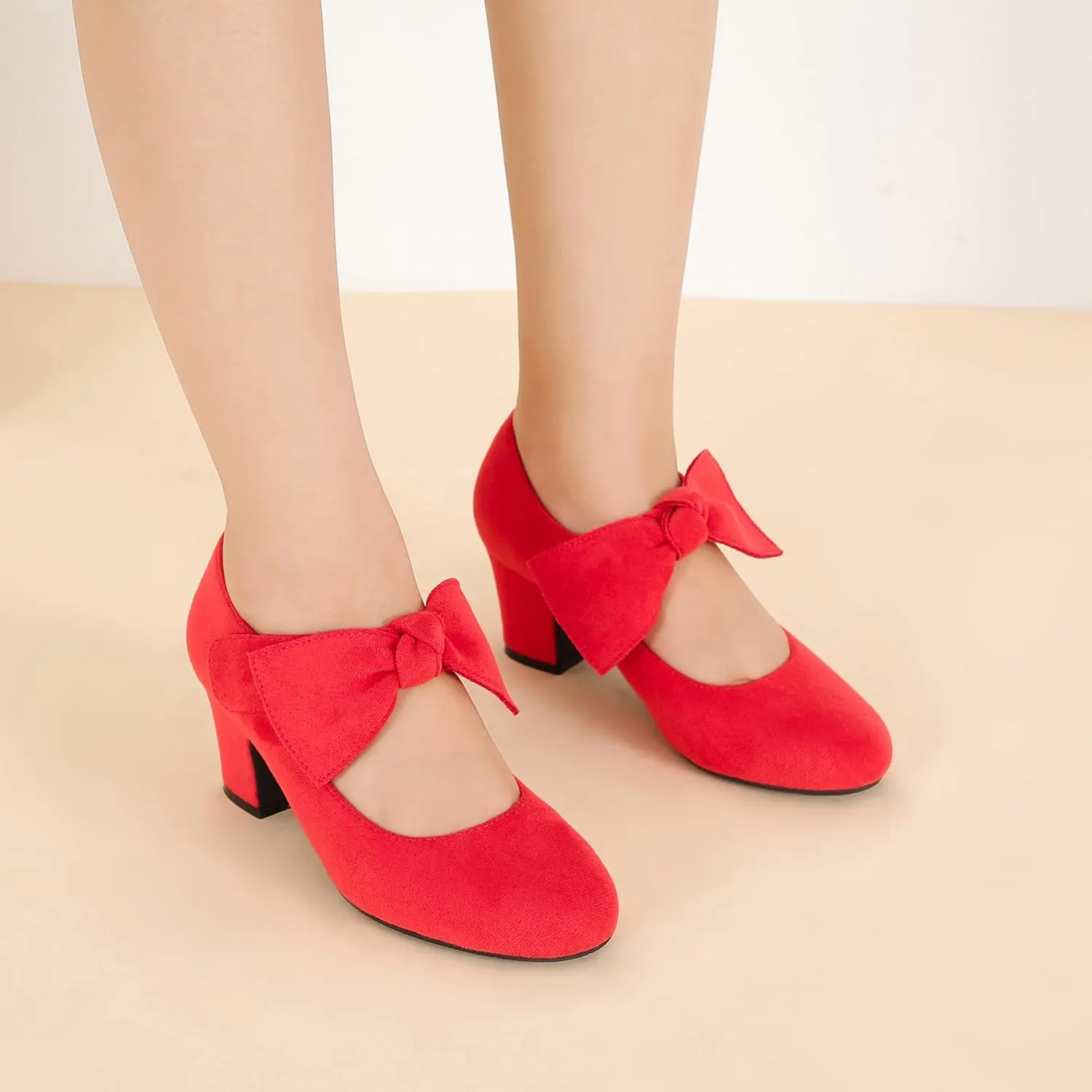 fereshte Womens Bow Heels Mary Jane Shoes Removable Bow Closed Toe Chunky Heel Dress Pumps