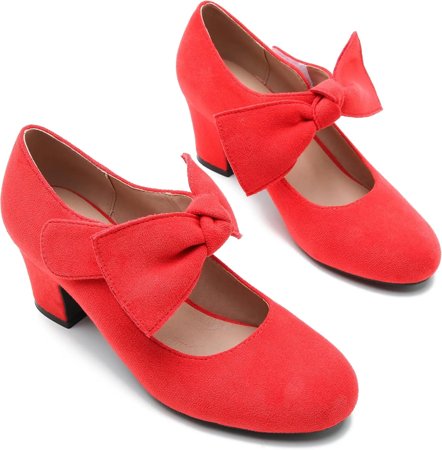 fereshte Womens Bow Heels Mary Jane Shoes Removable Bow Closed Toe Chunky Heel Dress Pumps