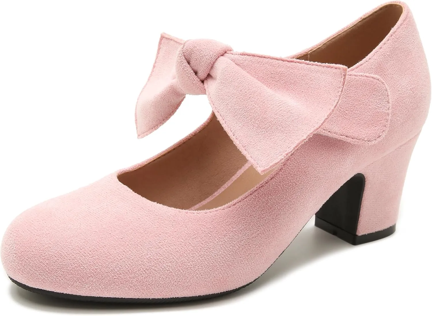 fereshte Womens Bow Heels Mary Jane Shoes Removable Bow Closed Toe Chunky Heel Dress Pumps