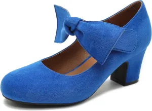 fereshte Womens Bow Heels Mary Jane Shoes Removable Bow Closed Toe Chunky Heel Dress Pumps