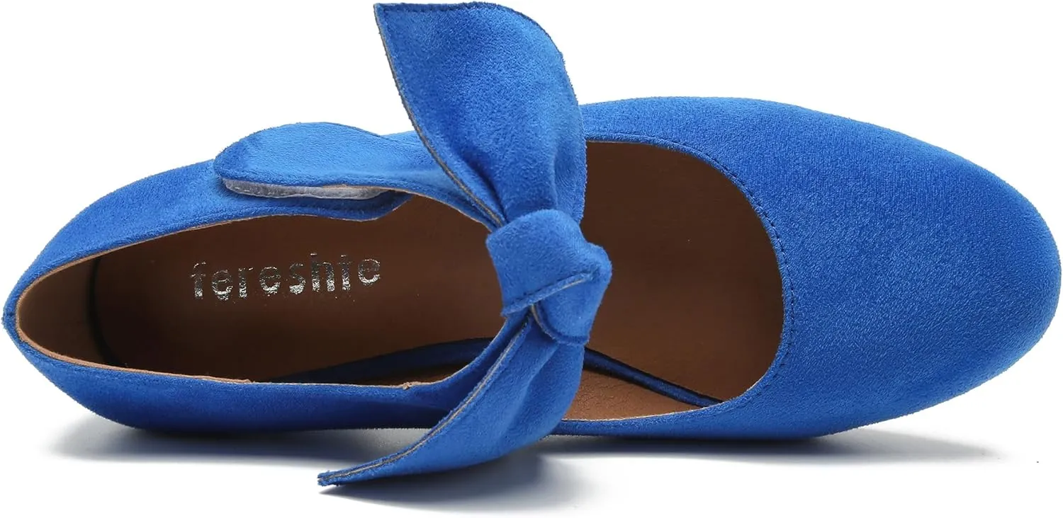 fereshte Womens Bow Heels Mary Jane Shoes Removable Bow Closed Toe Chunky Heel Dress Pumps
