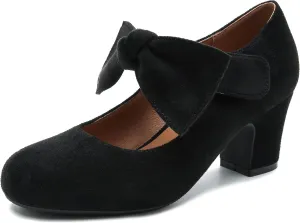 fereshte Womens Bow Heels Mary Jane Shoes Removable Bow Closed Toe Chunky Heel Dress Pumps