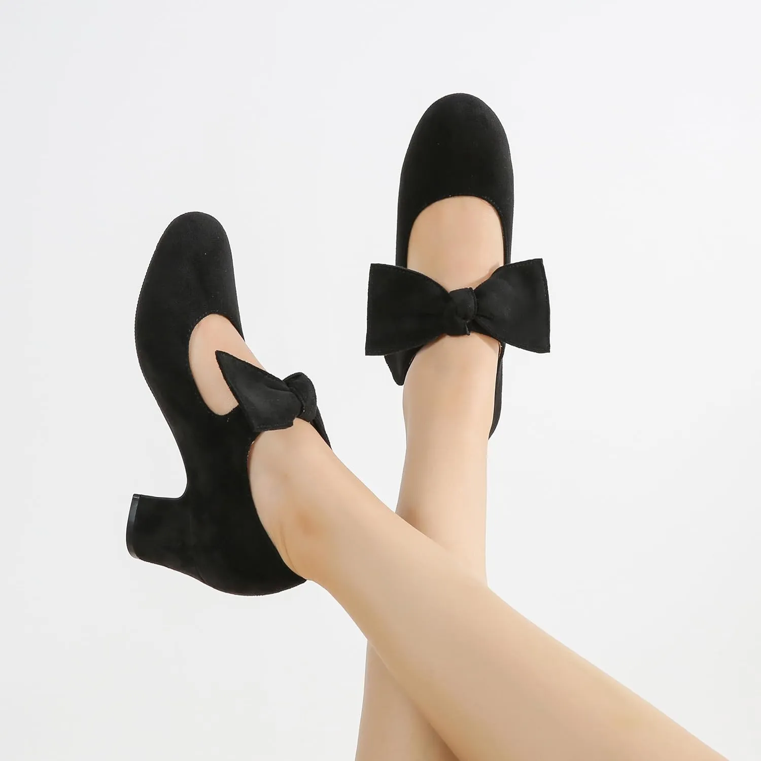 fereshte Womens Bow Heels Mary Jane Shoes Removable Bow Closed Toe Chunky Heel Dress Pumps