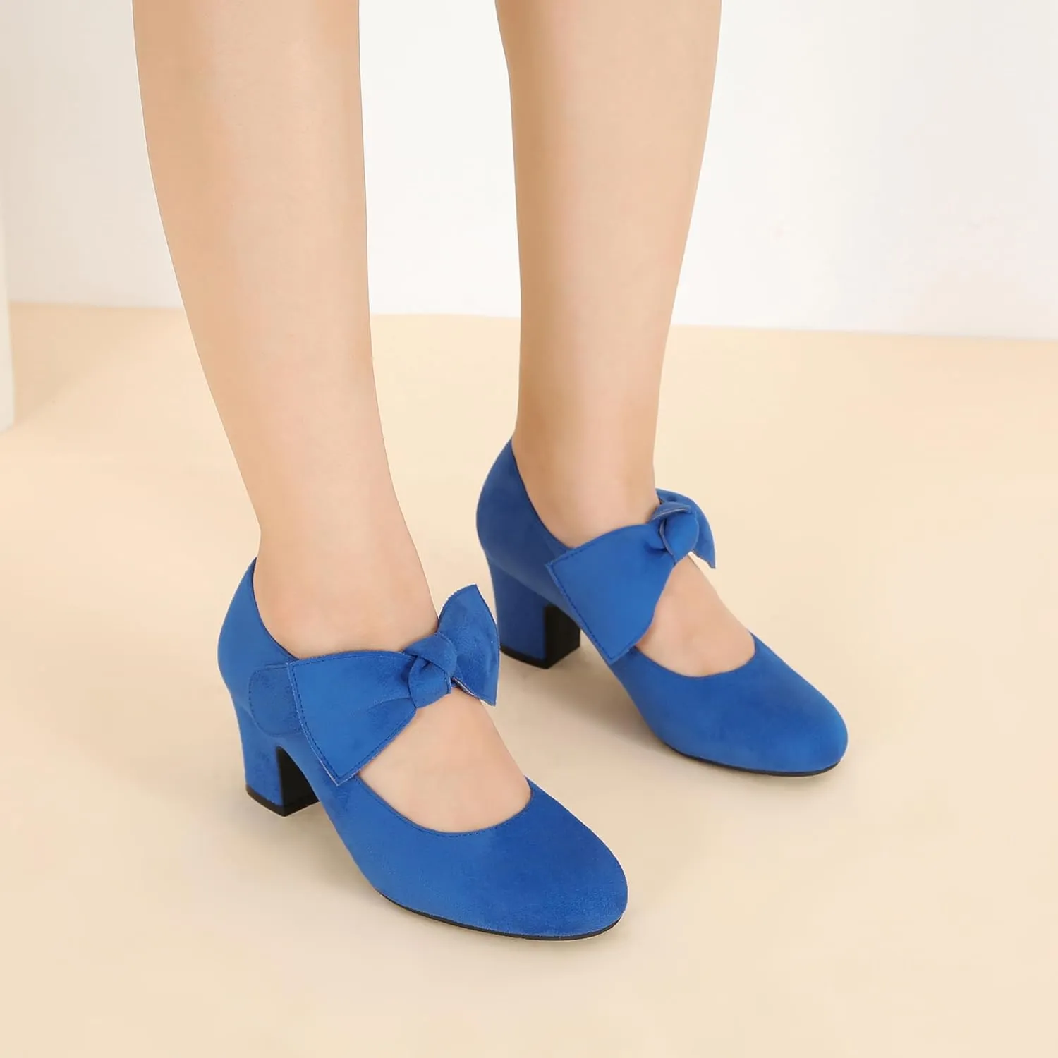 fereshte Womens Bow Heels Mary Jane Shoes Removable Bow Closed Toe Chunky Heel Dress Pumps