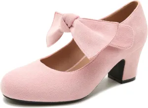 fereshte Womens Bow Heels Mary Jane Shoes Removable Bow Closed Toe Chunky Heel Dress Pumps