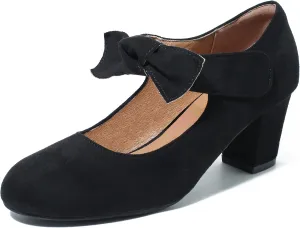 fereshte Womens Bow Heels Mary Jane Shoes Removable Bow Closed Toe Chunky Heel Dress Pumps
