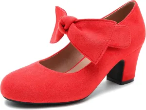 fereshte Womens Bow Heels Mary Jane Shoes Removable Bow Closed Toe Chunky Heel Dress Pumps