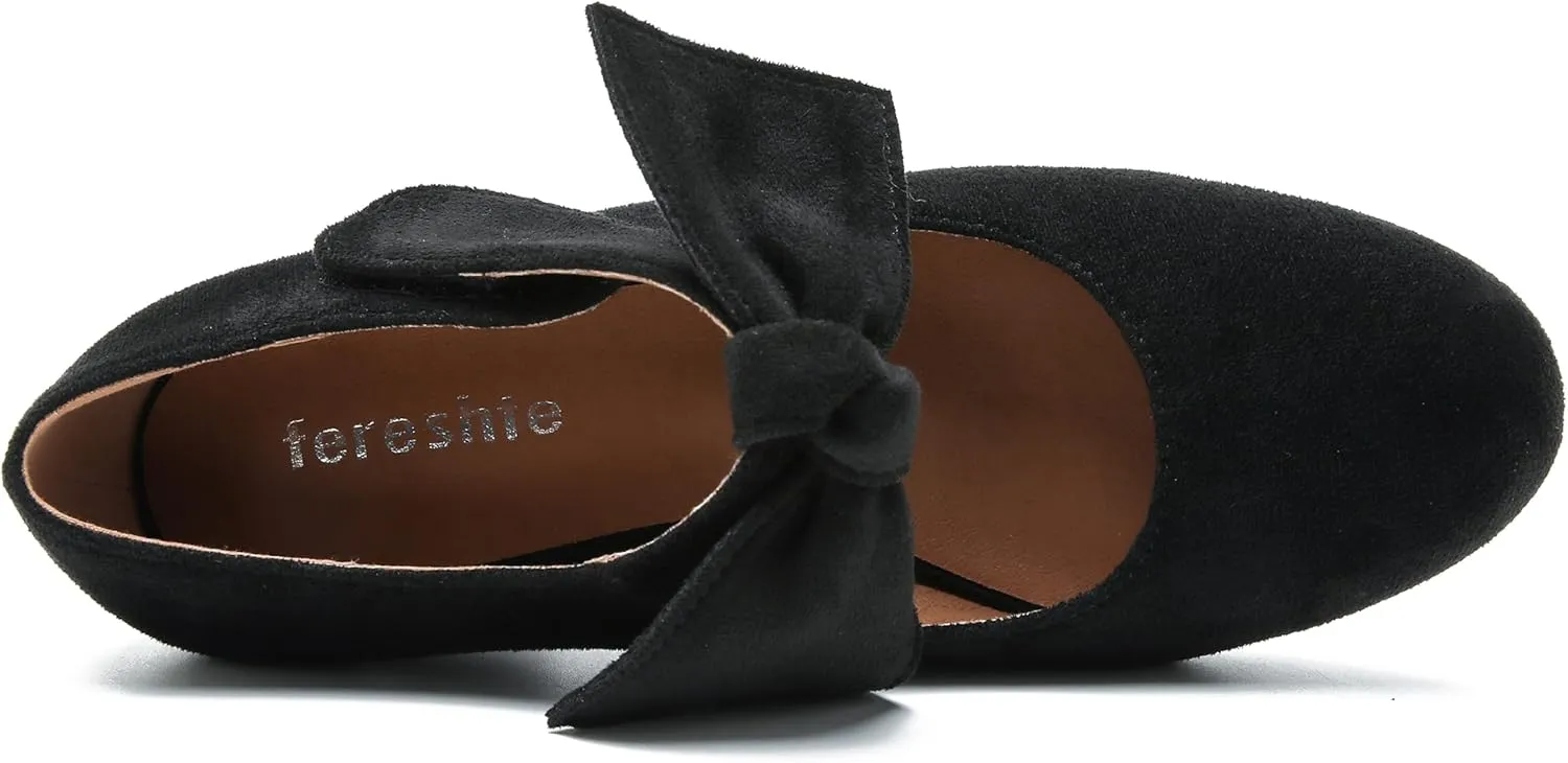 fereshte Womens Bow Heels Mary Jane Shoes Removable Bow Closed Toe Chunky Heel Dress Pumps