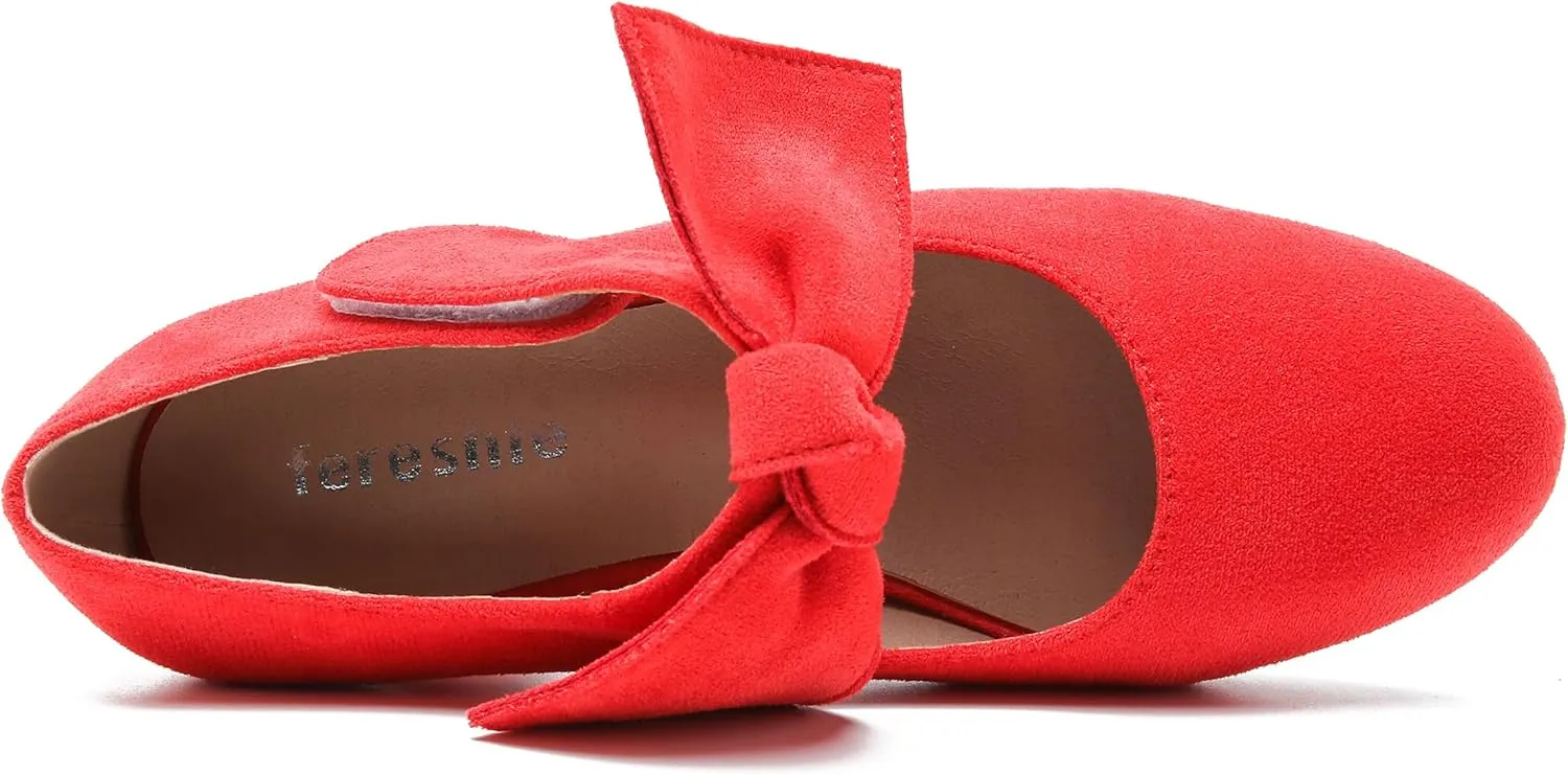 fereshte Womens Bow Heels Mary Jane Shoes Removable Bow Closed Toe Chunky Heel Dress Pumps