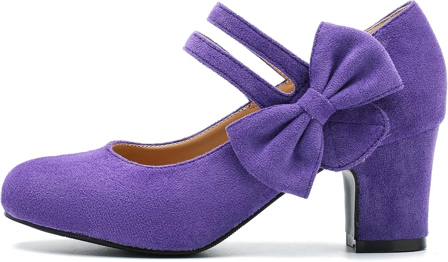 fereshte Womens Bow Heels Mary Jane Shoes Round Toe Chunky Heel Side Bow Dress Pumps