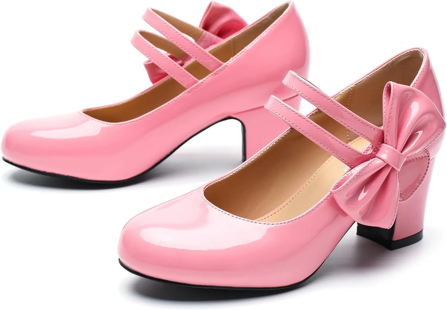 fereshte Womens Bow Heels Mary Jane Shoes Round Toe Chunky Heel Side Bow Dress Pumps