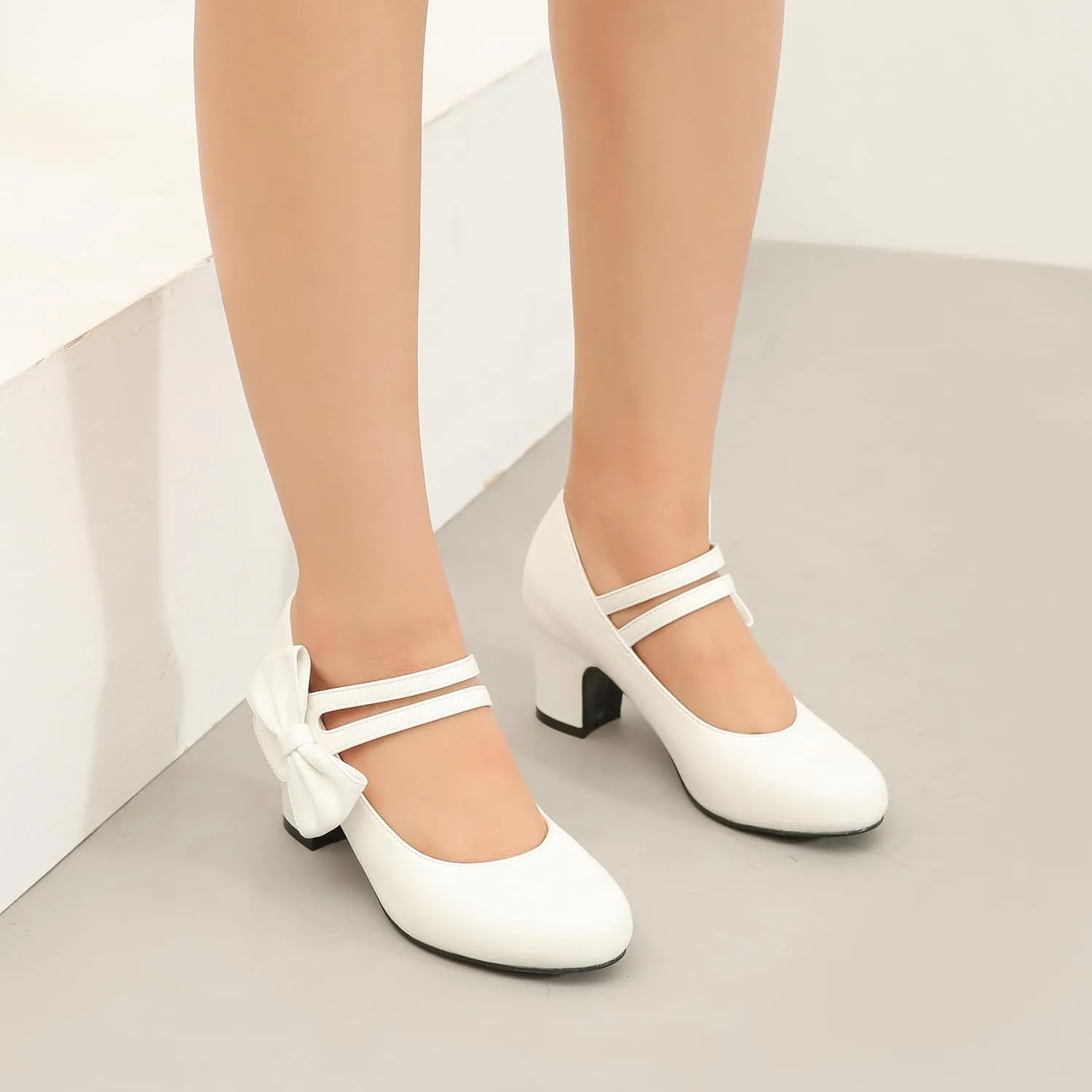 fereshte Womens Bow Heels Mary Jane Shoes Round Toe Chunky Heel Side Bow Dress Pumps
