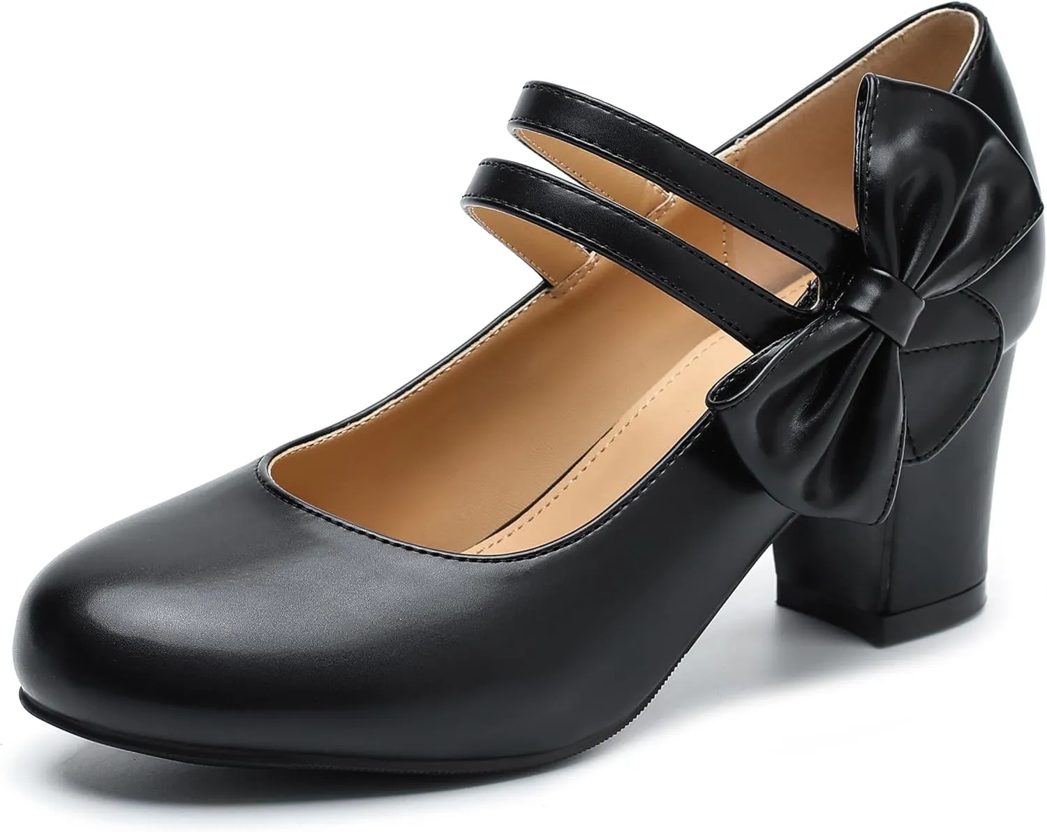 fereshte Womens Bow Heels Mary Jane Shoes Round Toe Chunky Heel Side Bow Dress Pumps