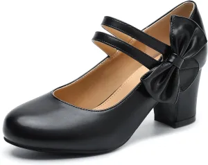 fereshte Womens Bow Heels Mary Jane Shoes Round Toe Chunky Heel Side Bow Dress Pumps