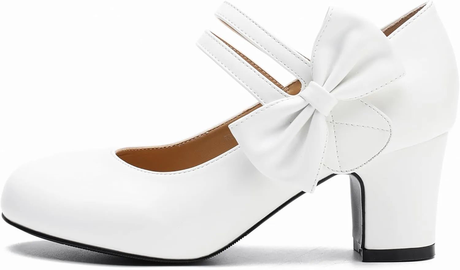 fereshte Womens Bow Heels Mary Jane Shoes Round Toe Chunky Heel Side Bow Dress Pumps