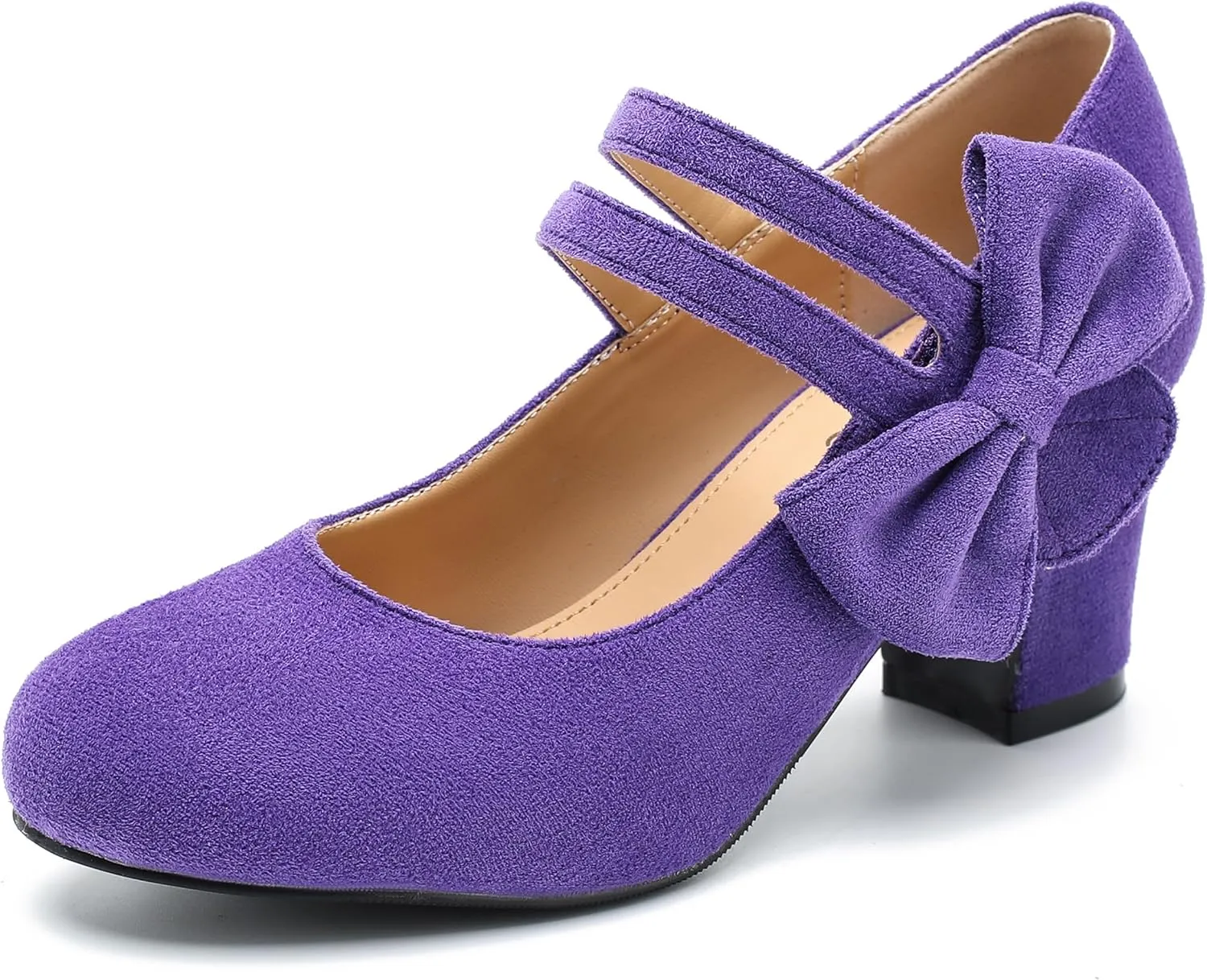 fereshte Womens Bow Heels Mary Jane Shoes Round Toe Chunky Heel Side Bow Dress Pumps