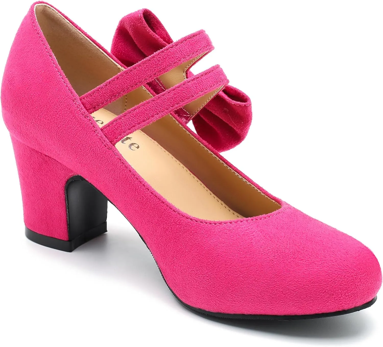 fereshte Womens Bow Heels Mary Jane Shoes Round Toe Chunky Heel Side Bow Dress Pumps