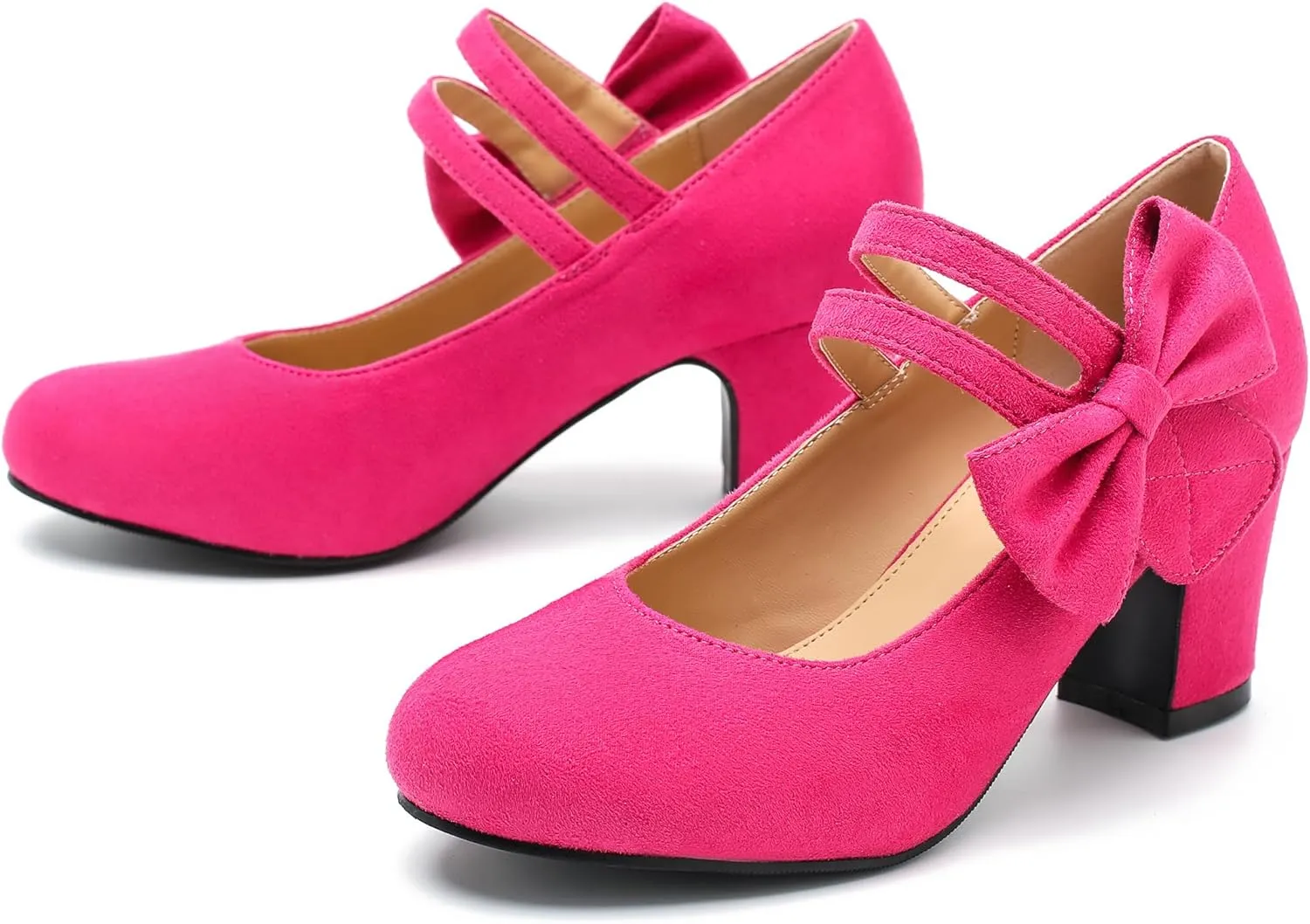 fereshte Womens Bow Heels Mary Jane Shoes Round Toe Chunky Heel Side Bow Dress Pumps