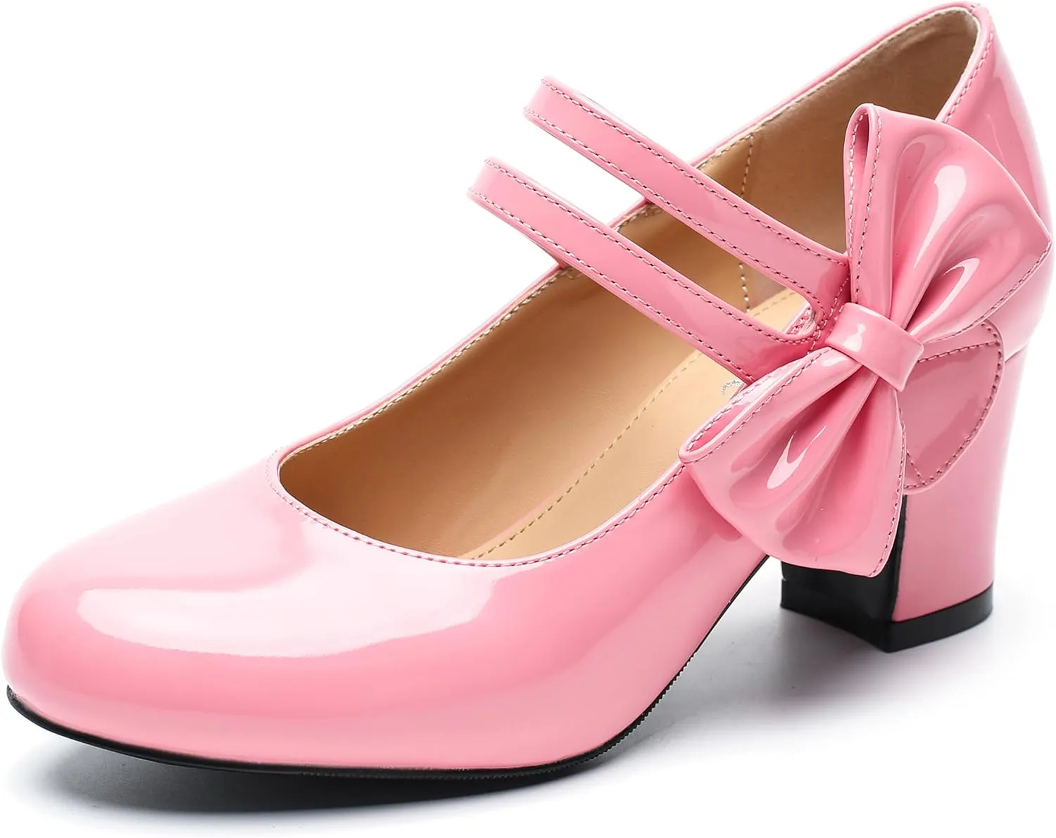 fereshte Womens Bow Heels Mary Jane Shoes Round Toe Chunky Heel Side Bow Dress Pumps