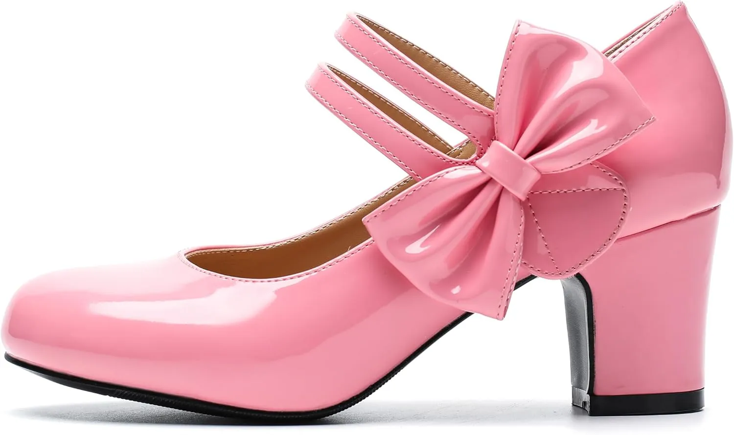 fereshte Womens Bow Heels Mary Jane Shoes Round Toe Chunky Heel Side Bow Dress Pumps