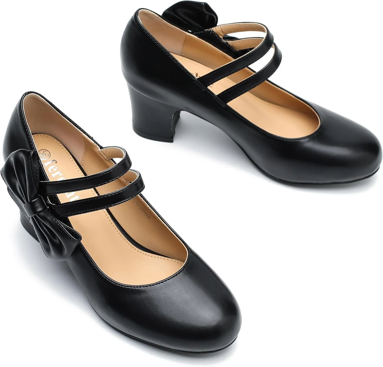fereshte Womens Bow Heels Mary Jane Shoes Round Toe Chunky Heel Side Bow Dress Pumps