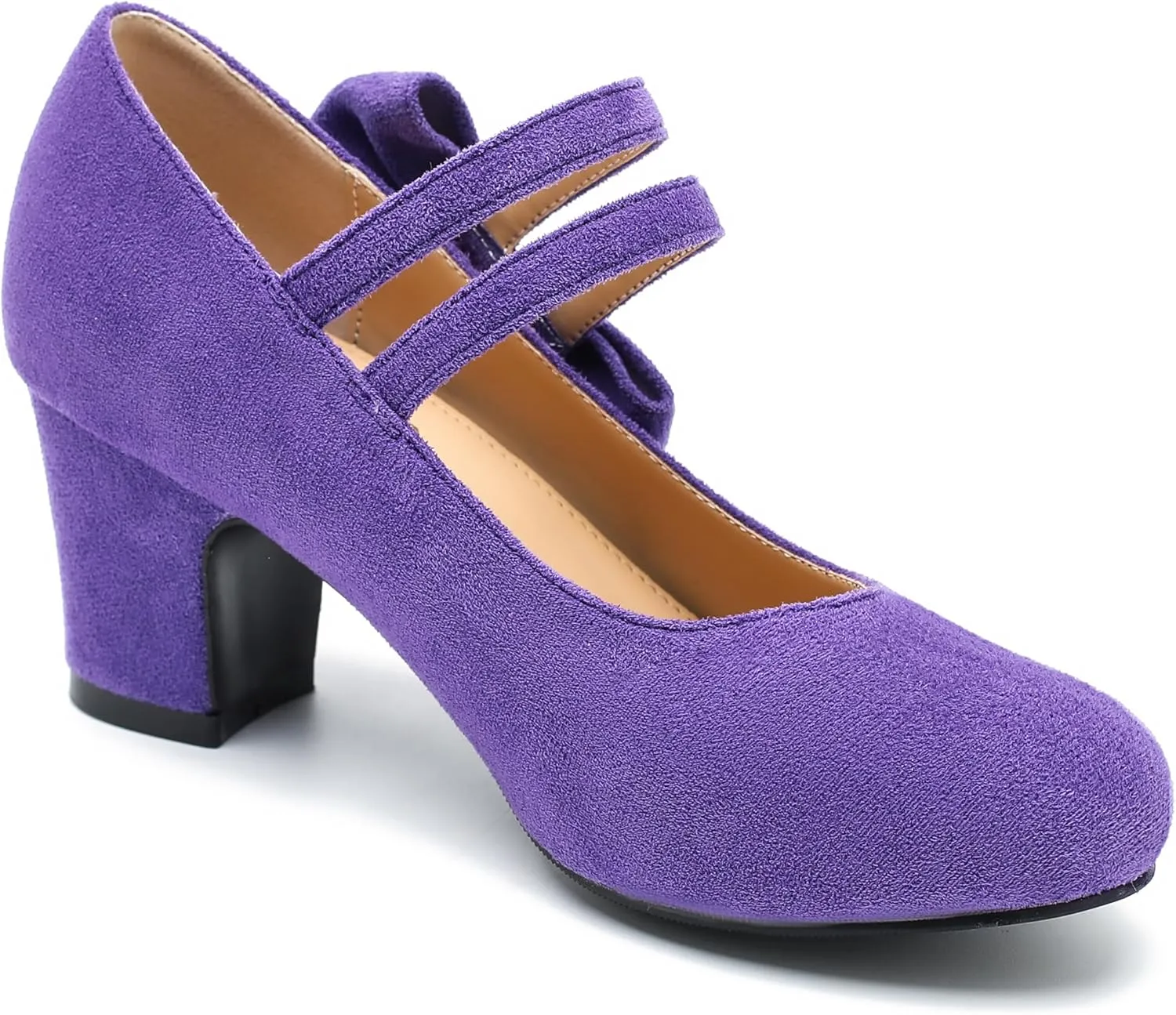fereshte Womens Bow Heels Mary Jane Shoes Round Toe Chunky Heel Side Bow Dress Pumps