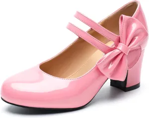 fereshte Womens Bow Heels Mary Jane Shoes Round Toe Chunky Heel Side Bow Dress Pumps