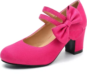 fereshte Womens Bow Heels Mary Jane Shoes Round Toe Chunky Heel Side Bow Dress Pumps