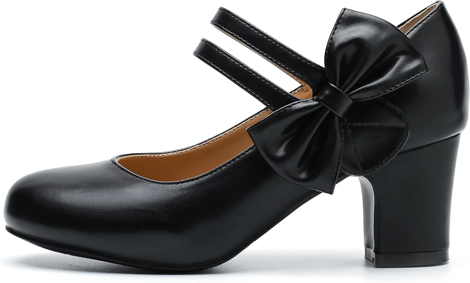 fereshte Womens Bow Heels Mary Jane Shoes Round Toe Chunky Heel Side Bow Dress Pumps