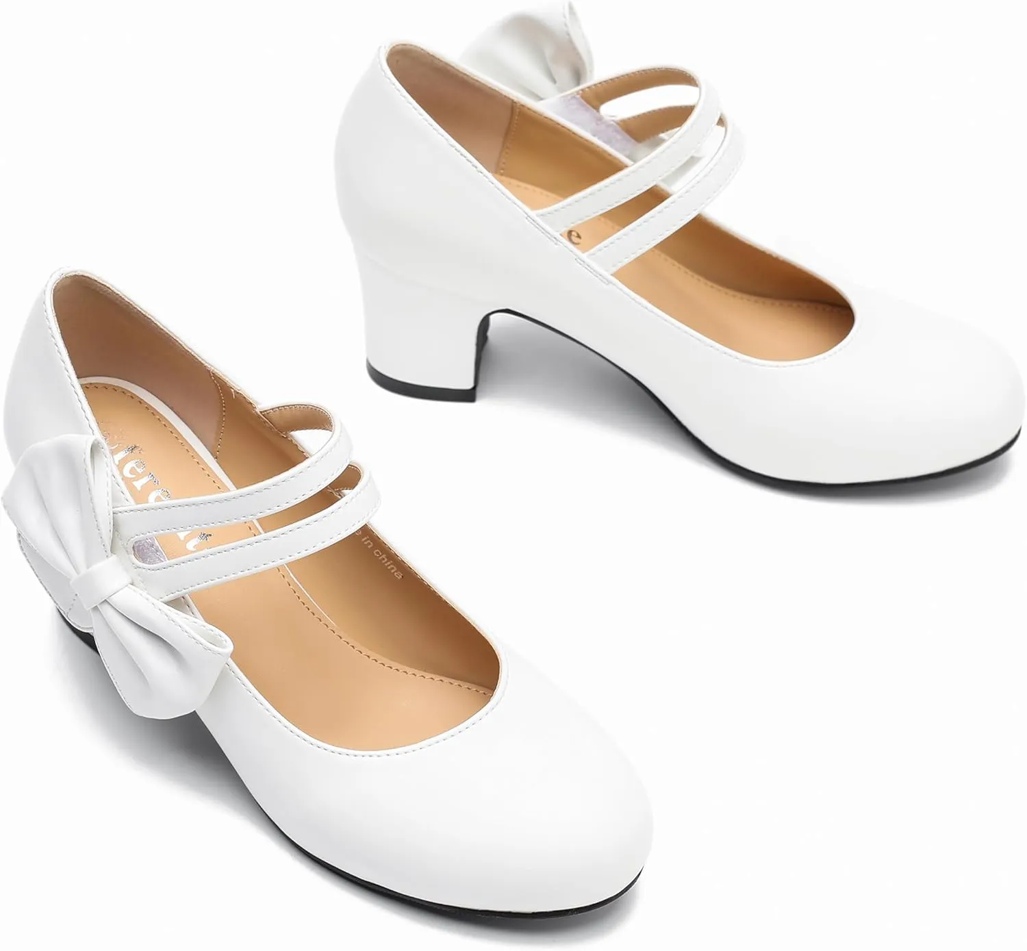 fereshte Womens Bow Heels Mary Jane Shoes Round Toe Chunky Heel Side Bow Dress Pumps