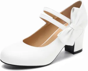 fereshte Womens Bow Heels Mary Jane Shoes Round Toe Chunky Heel Side Bow Dress Pumps