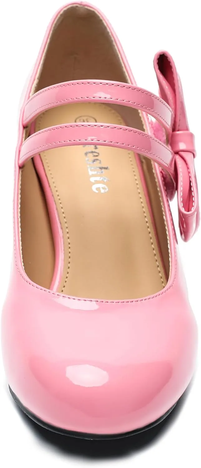 fereshte Womens Bow Heels Mary Jane Shoes Round Toe Chunky Heel Side Bow Dress Pumps