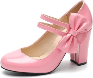 fereshte Womens Bow Heels Mary Jane Shoes Round Toe Chunky High Heel Side Bow Dress Pumps