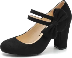 fereshte Womens Bow Heels Mary Jane Shoes Round Toe Chunky High Heel Side Bow Dress Pumps