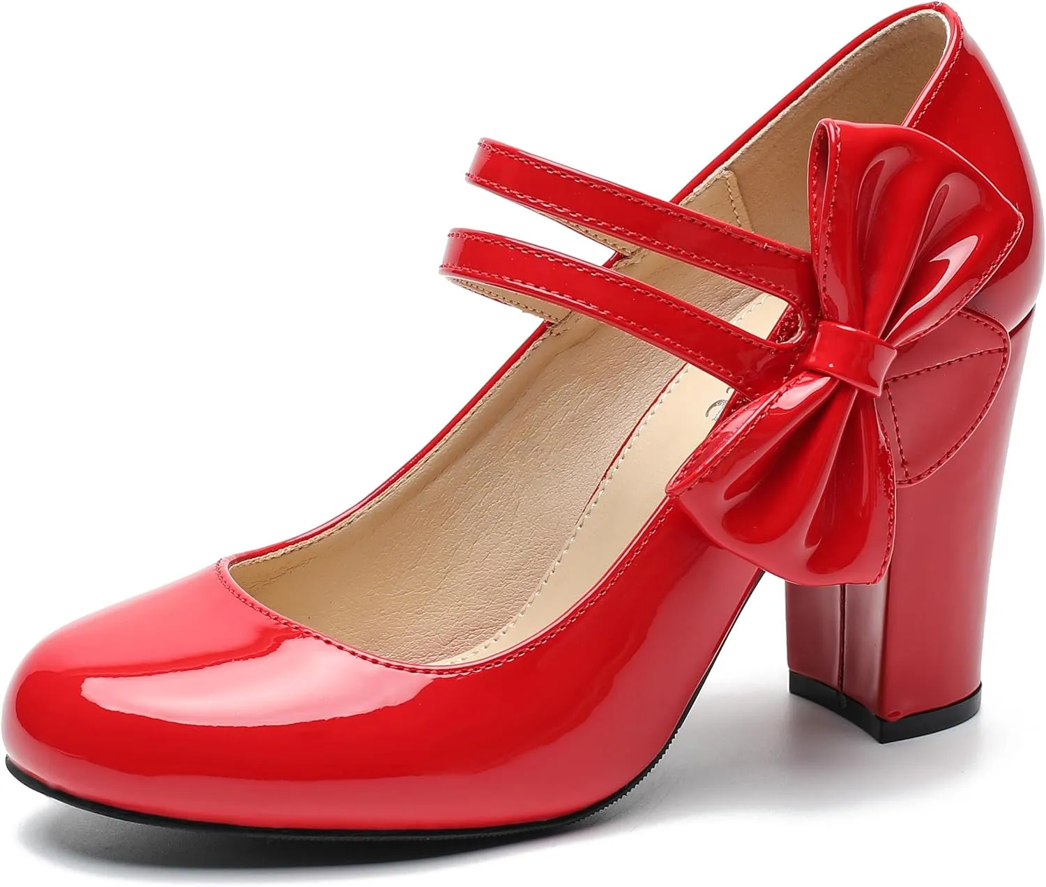 fereshte Womens Bow Heels Mary Jane Shoes Round Toe Chunky High Heel Side Bow Dress Pumps