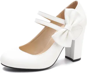 fereshte Womens Bow Heels Mary Jane Shoes Round Toe Chunky High Heel Side Bow Dress Pumps
