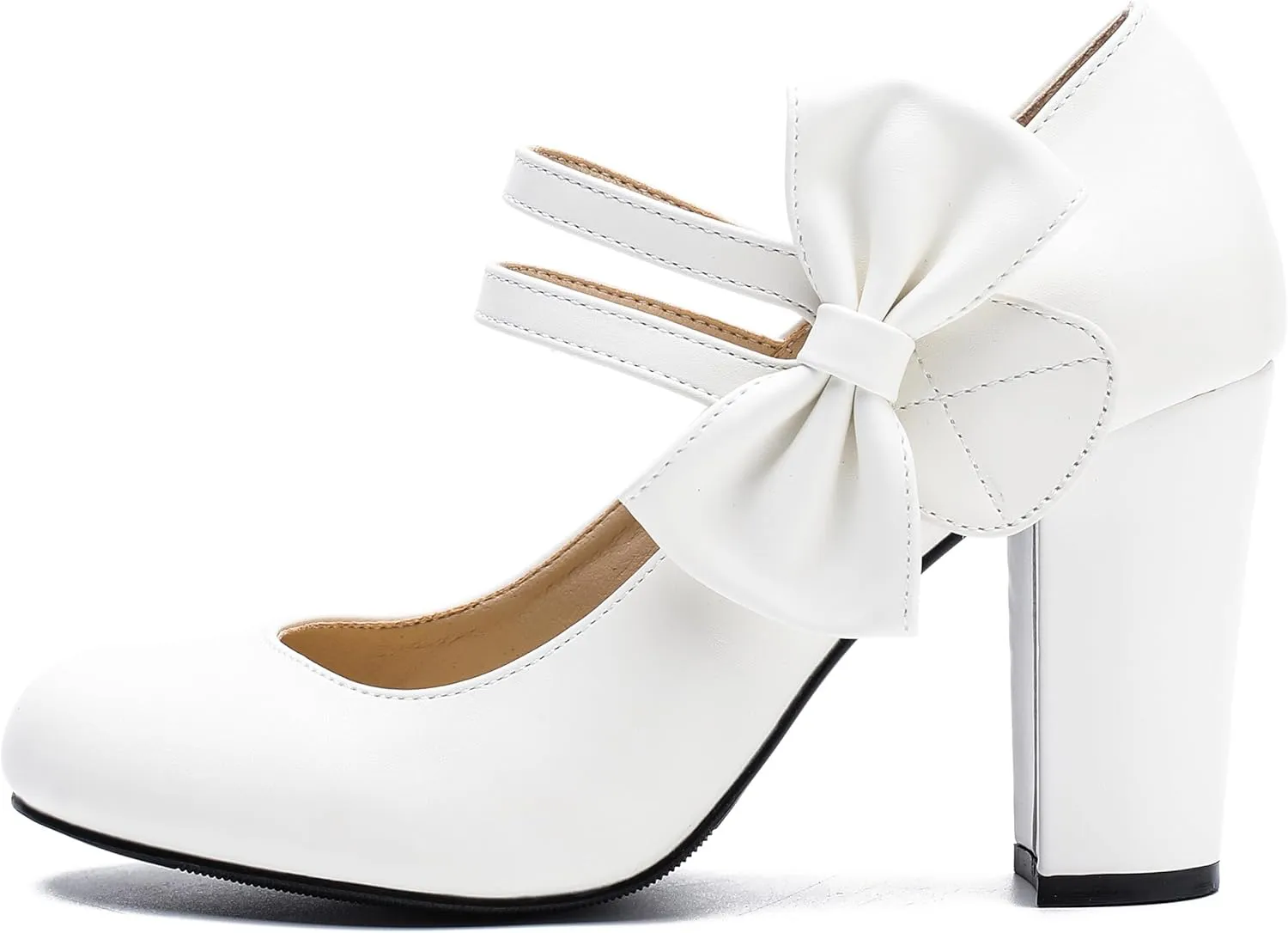 fereshte Womens Bow Heels Mary Jane Shoes Round Toe Chunky High Heel Side Bow Dress Pumps