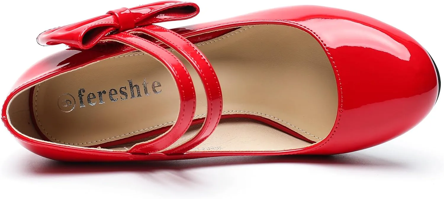 fereshte Womens Bow Heels Mary Jane Shoes Round Toe Chunky High Heel Side Bow Dress Pumps