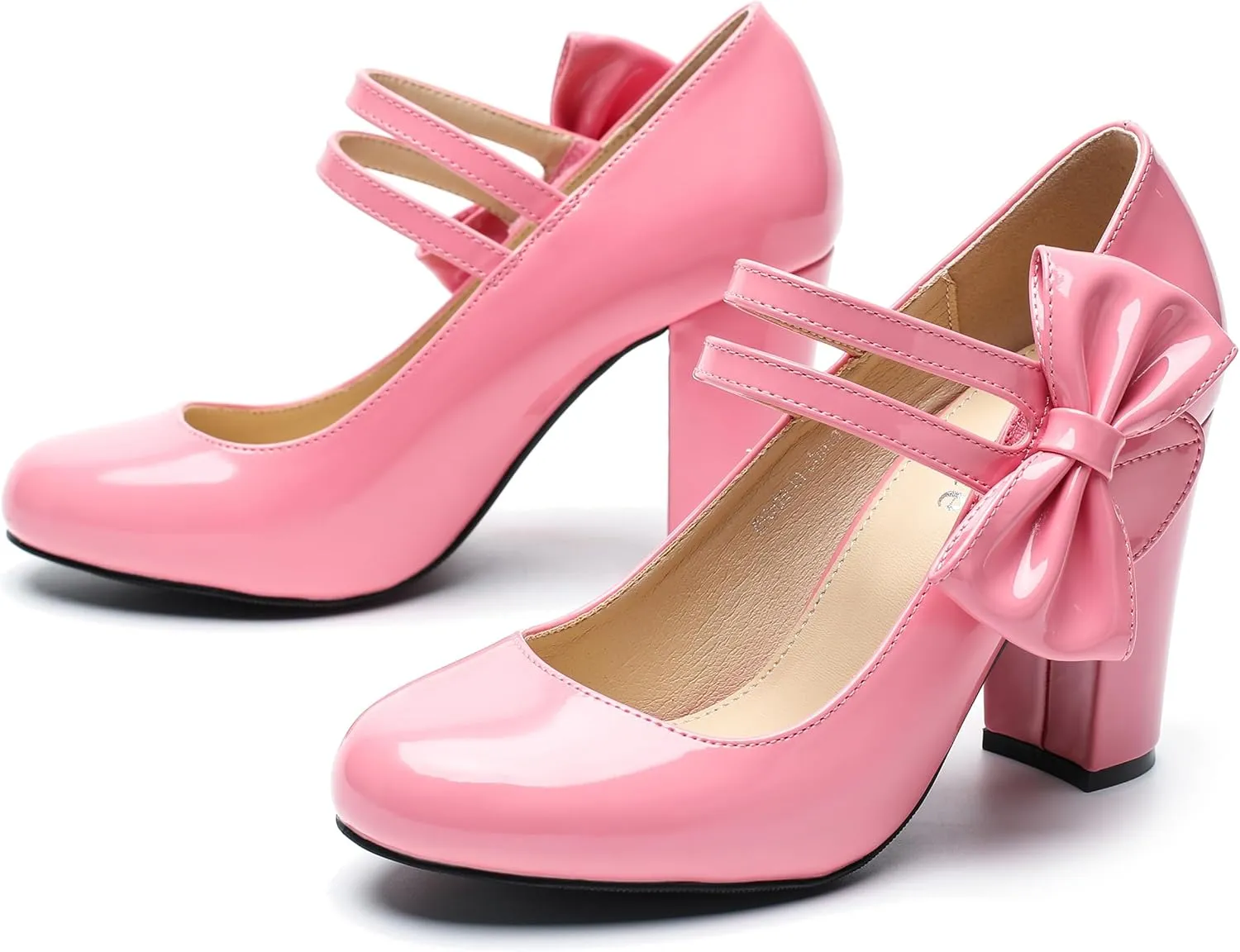 fereshte Womens Bow Heels Mary Jane Shoes Round Toe Chunky High Heel Side Bow Dress Pumps