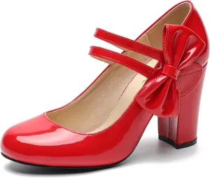 fereshte Womens Bow Heels Mary Jane Shoes Round Toe Chunky High Heel Side Bow Dress Pumps