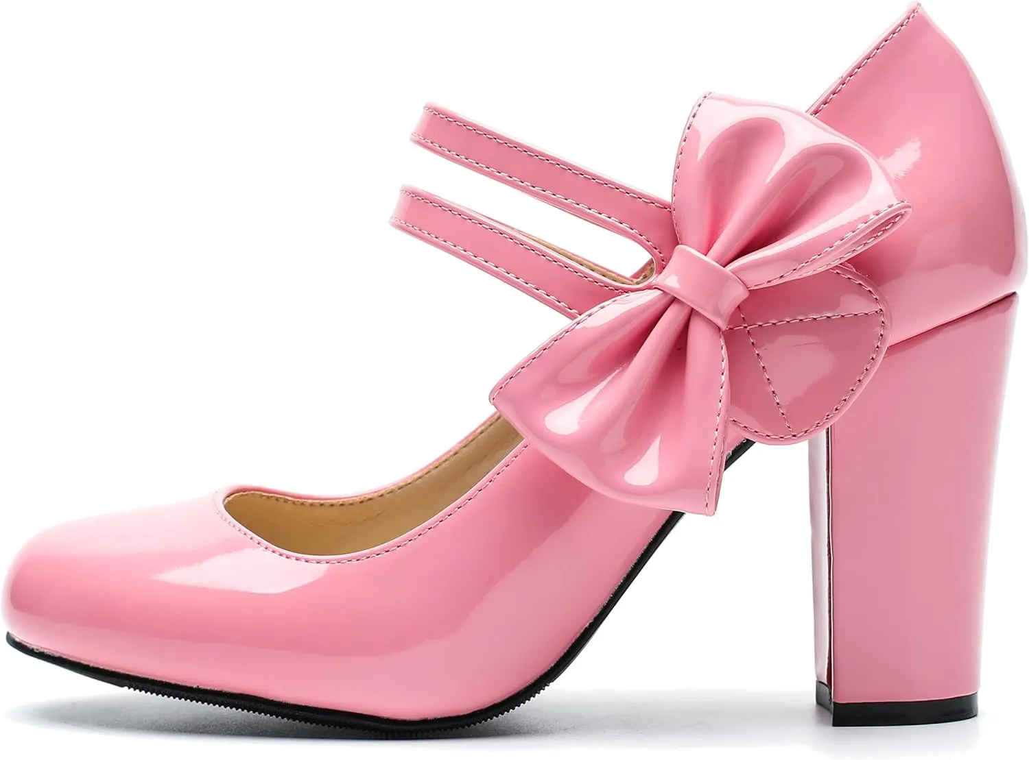 fereshte Womens Bow Heels Mary Jane Shoes Round Toe Chunky High Heel Side Bow Dress Pumps