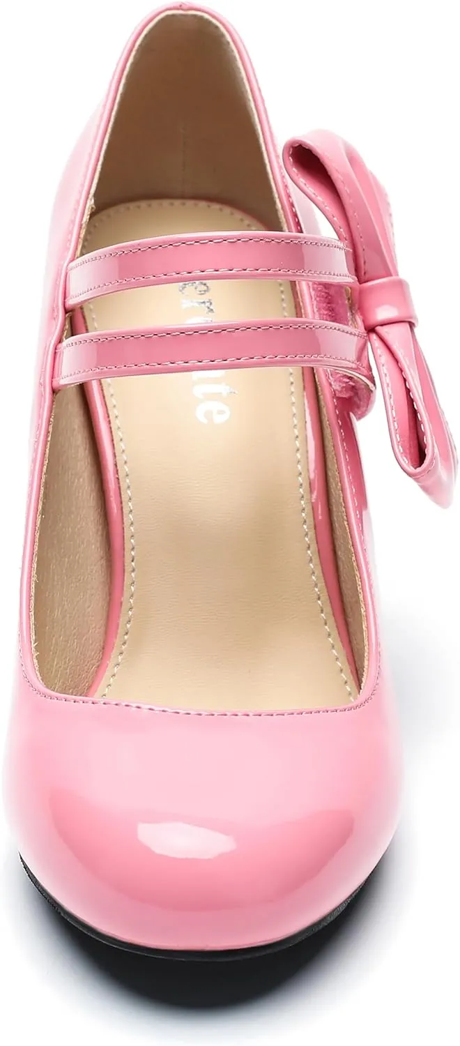 fereshte Womens Bow Heels Mary Jane Shoes Round Toe Chunky High Heel Side Bow Dress Pumps