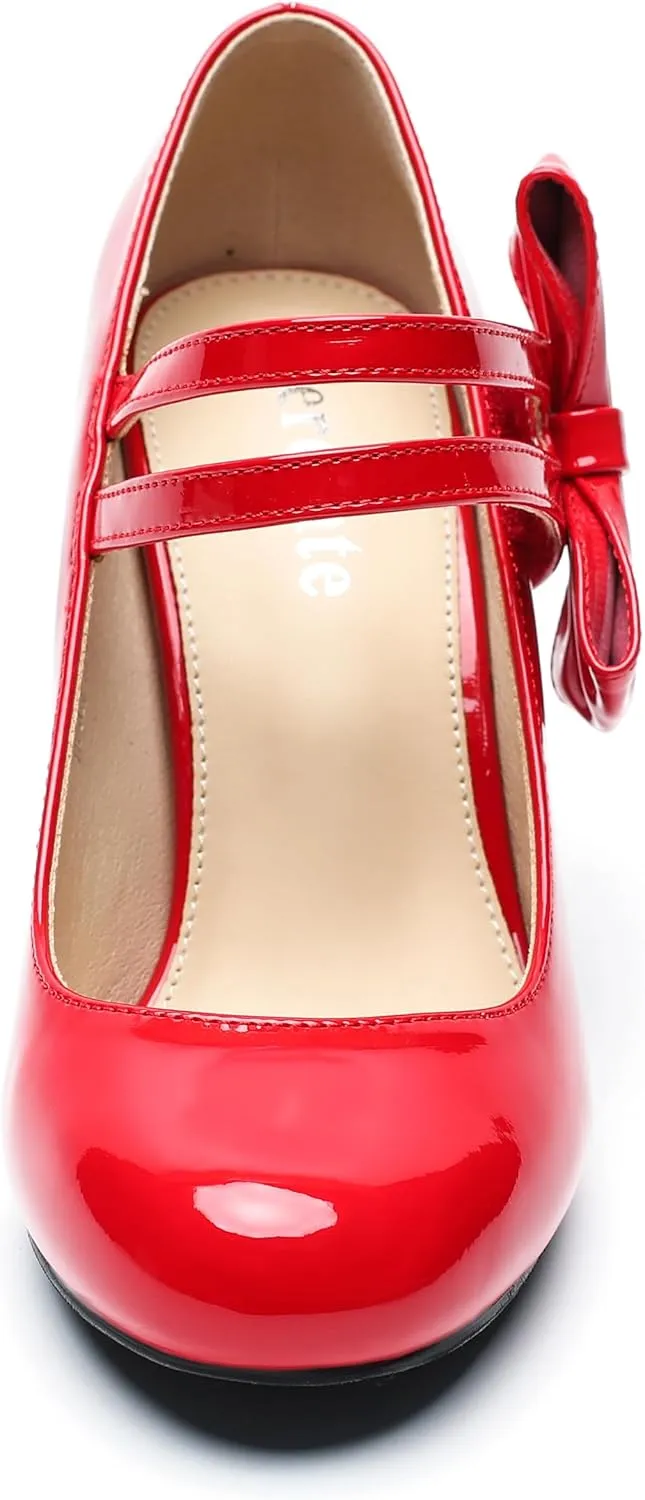 fereshte Womens Bow Heels Mary Jane Shoes Round Toe Chunky High Heel Side Bow Dress Pumps