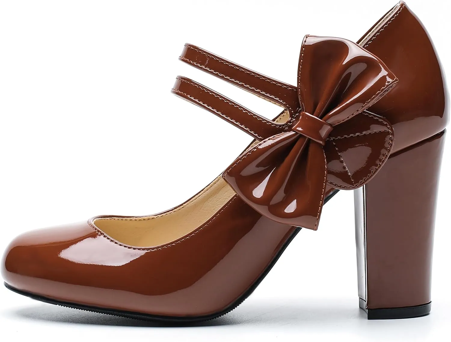 fereshte Womens Bow Heels Mary Jane Shoes Round Toe Chunky High Heel Side Bow Dress Pumps