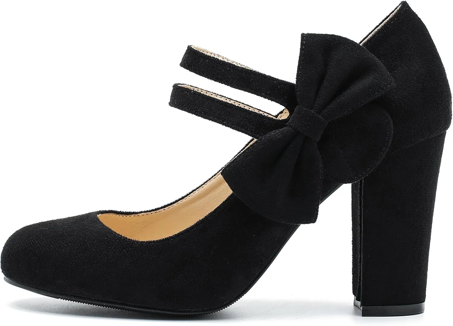 fereshte Womens Bow Heels Mary Jane Shoes Round Toe Chunky High Heel Side Bow Dress Pumps