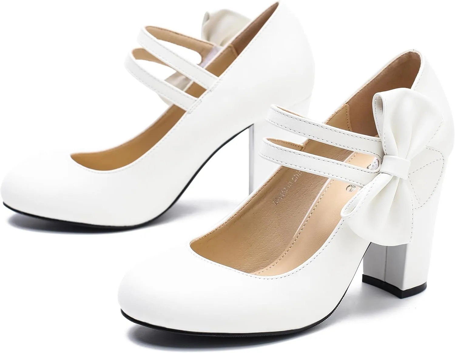fereshte Womens Bow Heels Mary Jane Shoes Round Toe Chunky High Heel Side Bow Dress Pumps
