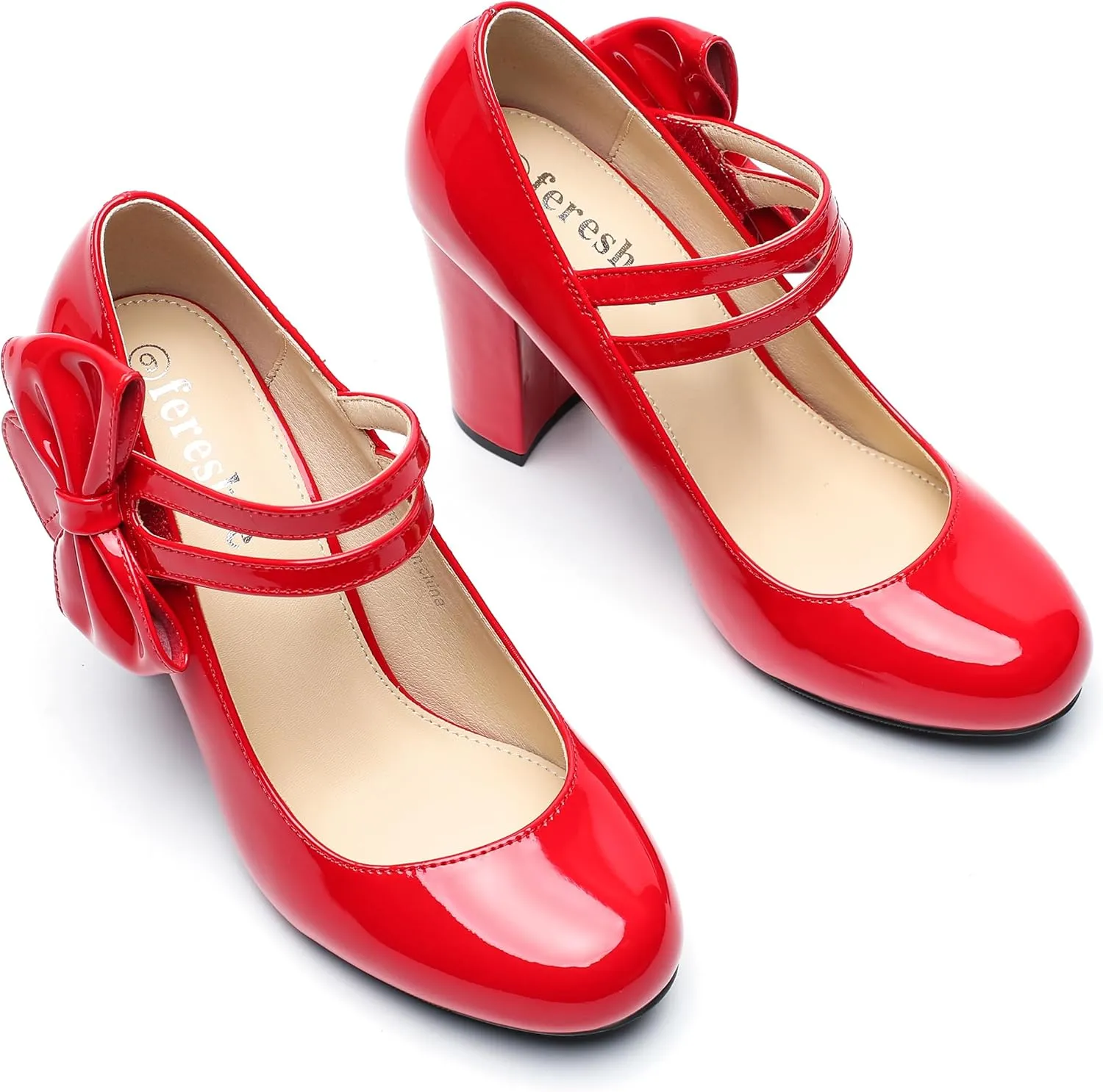 fereshte Womens Bow Heels Mary Jane Shoes Round Toe Chunky High Heel Side Bow Dress Pumps
