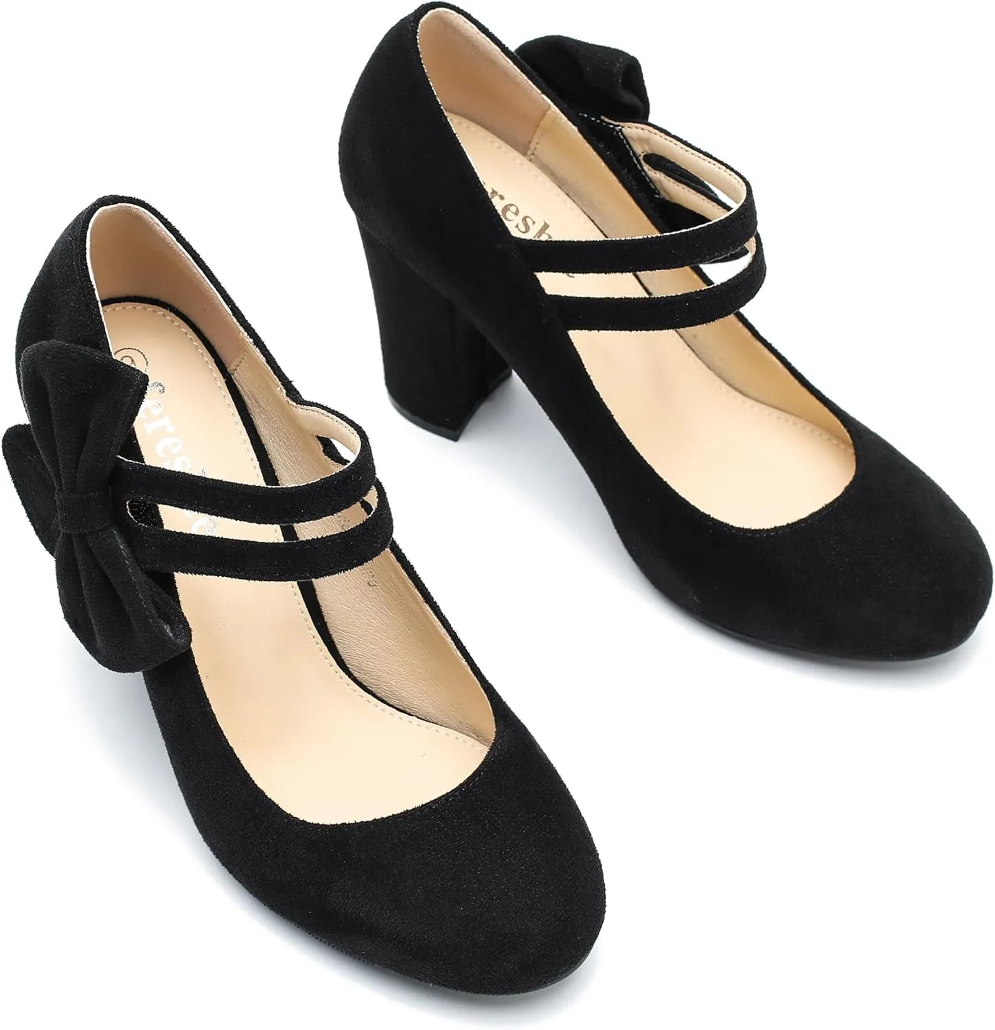 fereshte Womens Bow Heels Mary Jane Shoes Round Toe Chunky High Heel Side Bow Dress Pumps